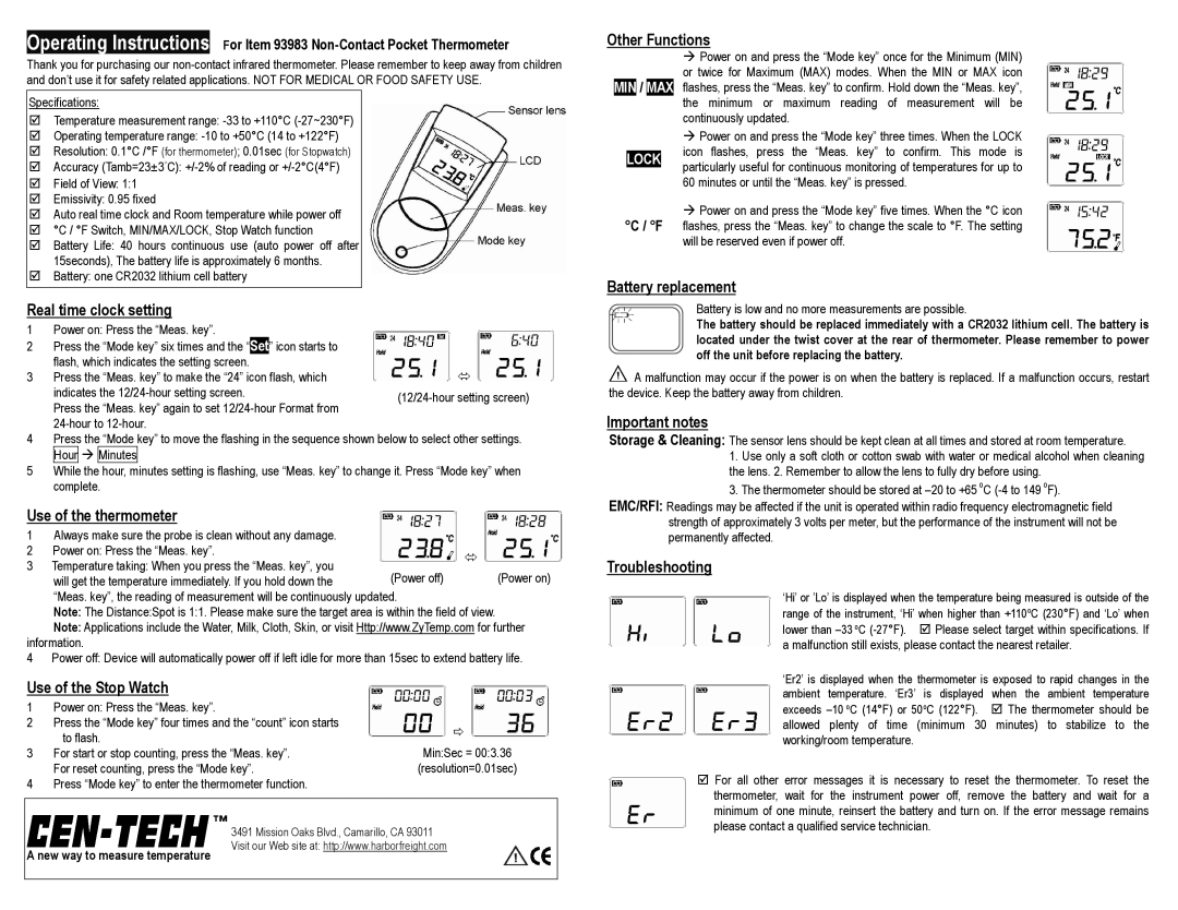 Harbor Freight Tools Pocket Thermometer operating instructions Real time clock setting, Use of the thermometer 