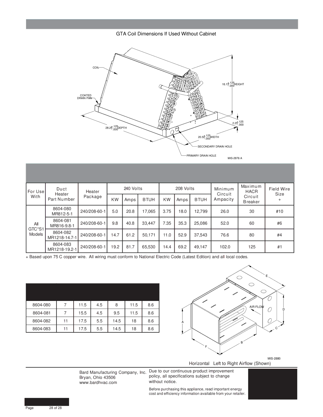 Harbor Freight Tools R-410A manual GTA Coil Dimensions if Used Without Cabinet, GTA Coil Dimensions If Used Without Cabinet 