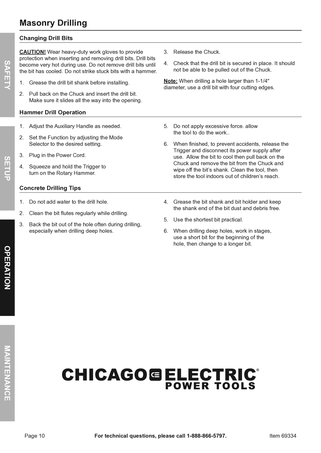 Harbor Freight Tools SDS MAX TYPE owner manual Masonry Drilling 