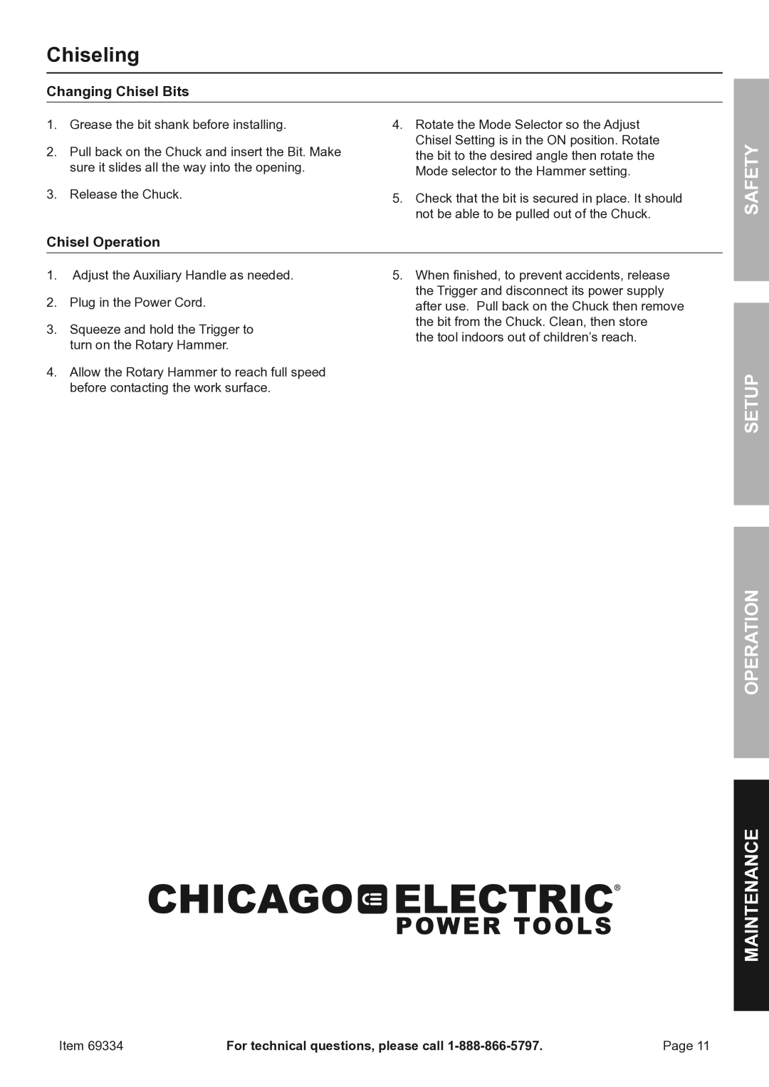 Harbor Freight Tools SDS MAX TYPE owner manual Chiseling, Changing Chisel Bits 