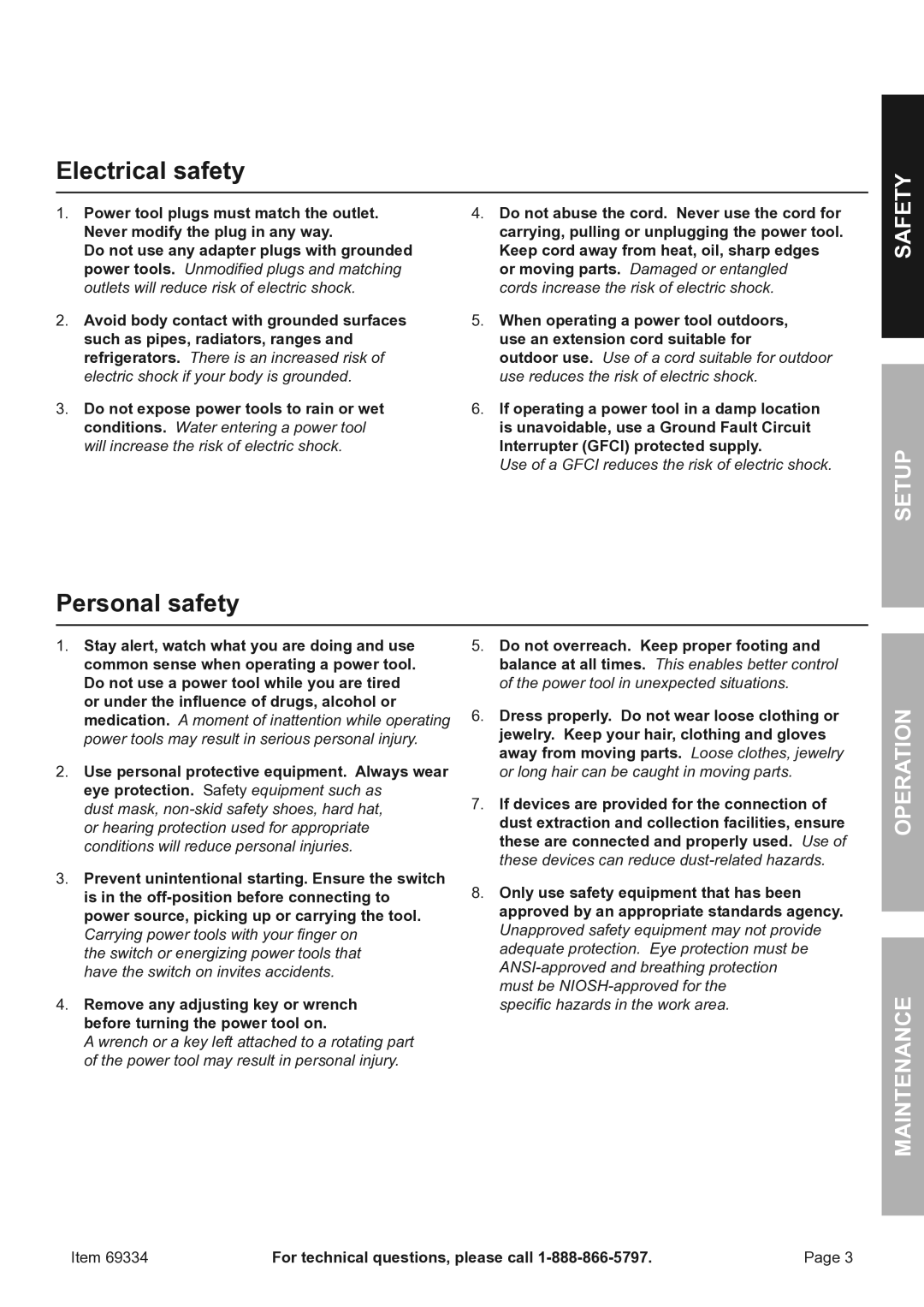 Harbor Freight Tools SDS MAX TYPE owner manual Electrical safety, Personal safety 