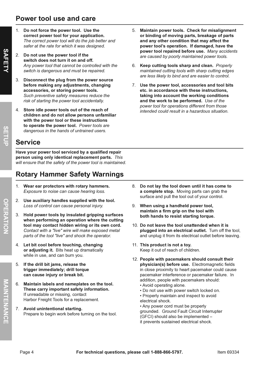 Harbor Freight Tools SDS MAX TYPE owner manual Power tool use and care, Service, Rotary Hammer Safety Warnings 