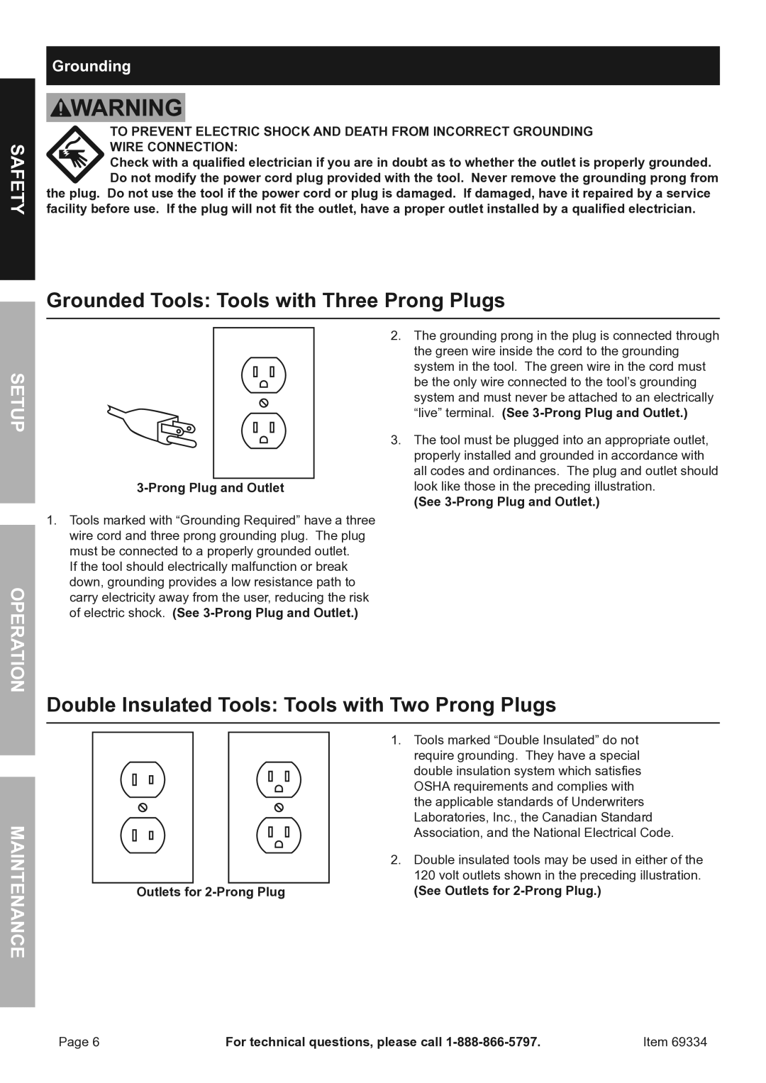 Harbor Freight Tools SDS MAX TYPE owner manual Grounded Tools Tools with Three Prong Plugs, Grounding 