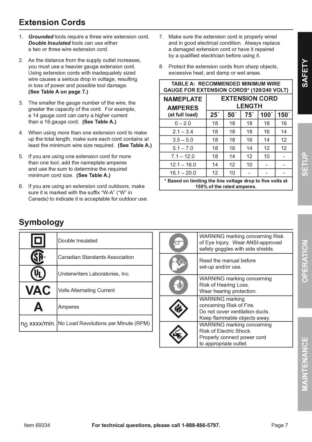 Harbor Freight Tools SDS MAX TYPE owner manual Extension Cords, Symbology, See Table a on, Table a Recommended Minimum Wire 