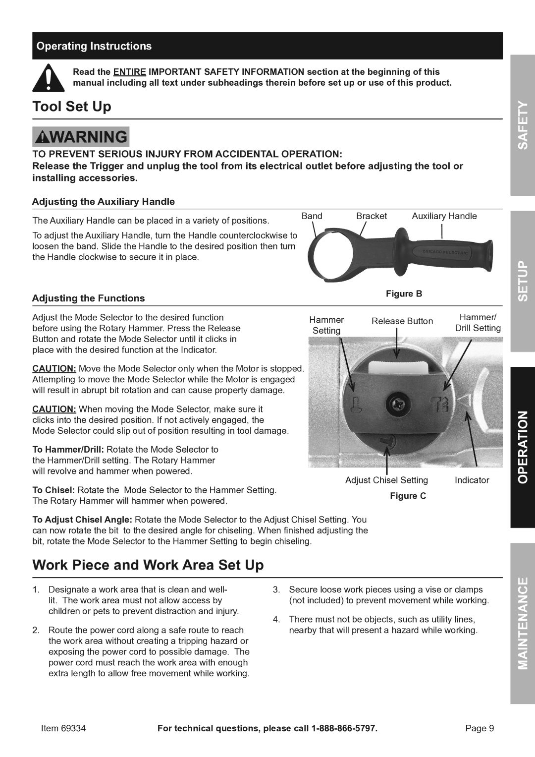 Harbor Freight Tools SDS MAX TYPE owner manual Tool Set Up, Work Piece and Work Area Set Up, Operating Instructions 