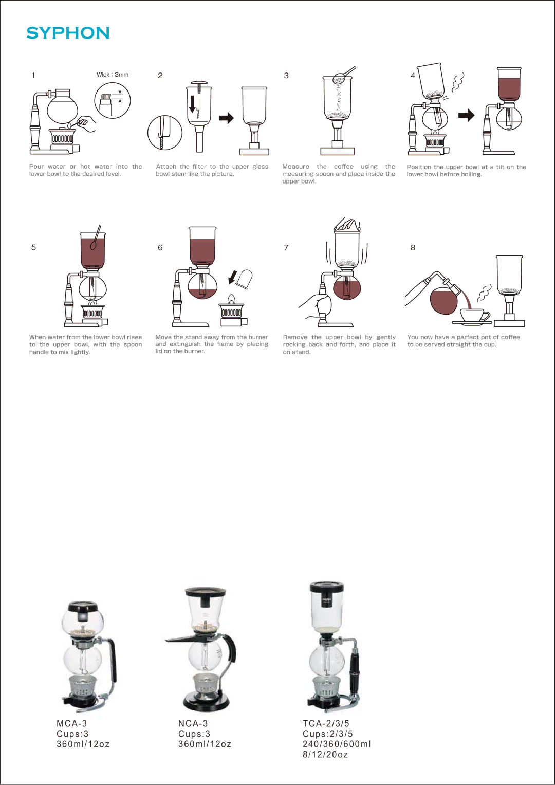 Hario Glass SCA-5, NXA-5, TCA-5 manual Syphon 