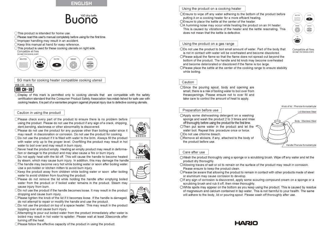 Hario Glass VKB-120HSV user manual Using the product on a cooking heater, Using the product on a gas range, Care after use 