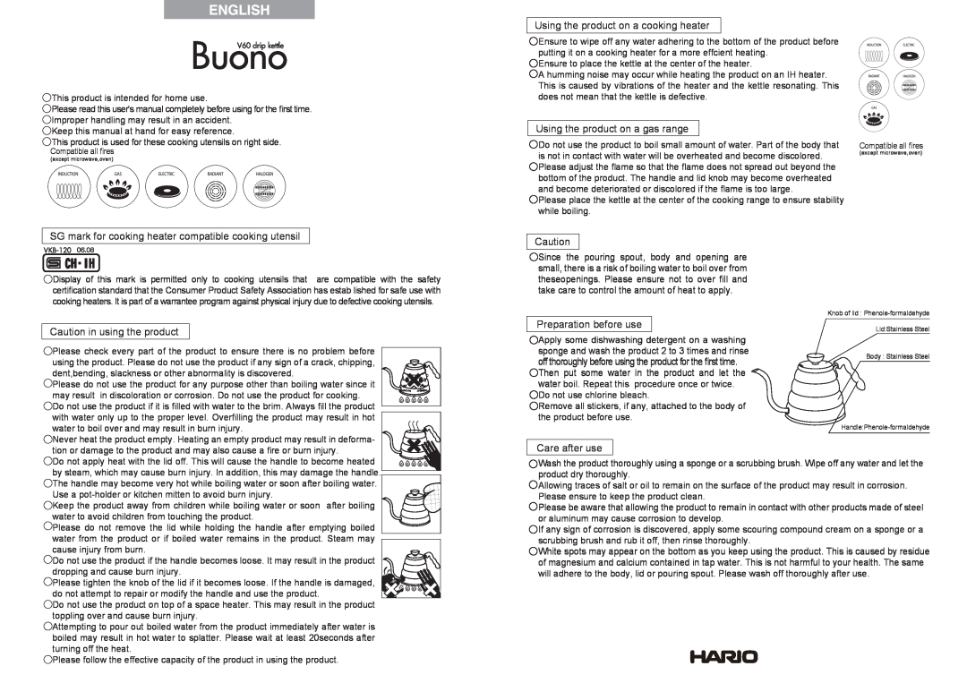 Hario Glass VKB-120HSV user manual Using the product on a cooking heater, Using the product on a gas range, Care after use 