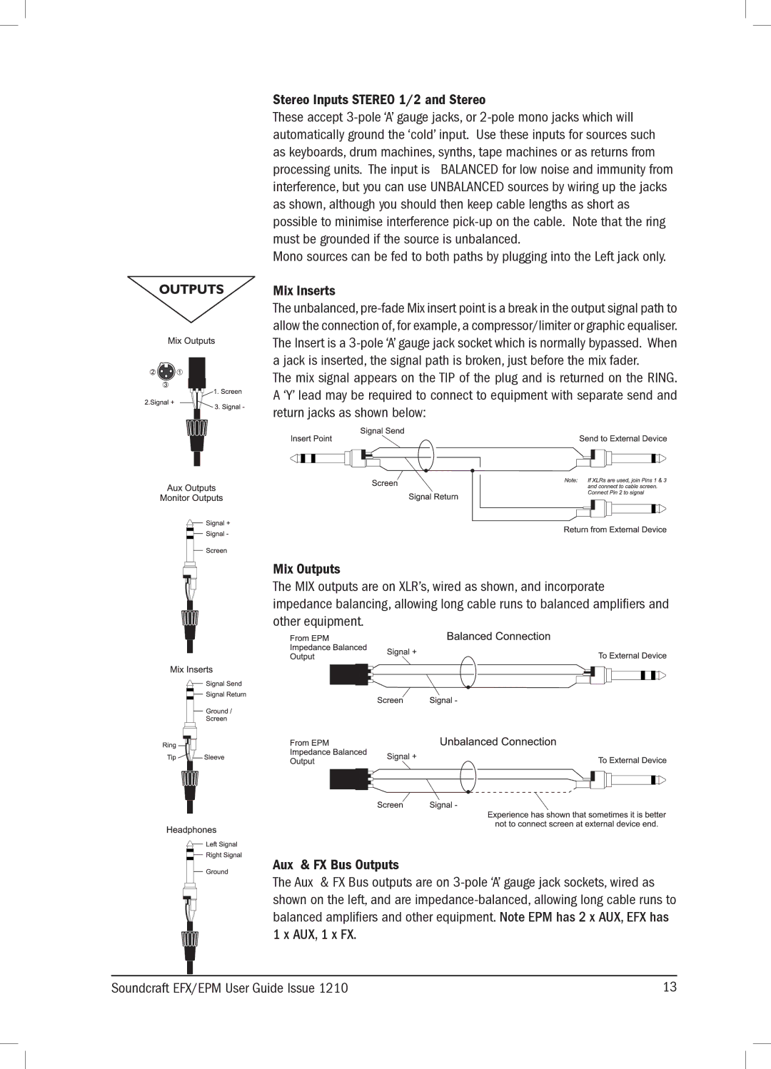 Harman 1210KA manual Stereo Inputs Stereo 1/2 and Stereo, Mix Inserts, Mix Outputs, Aux & FX Bus Outputs 