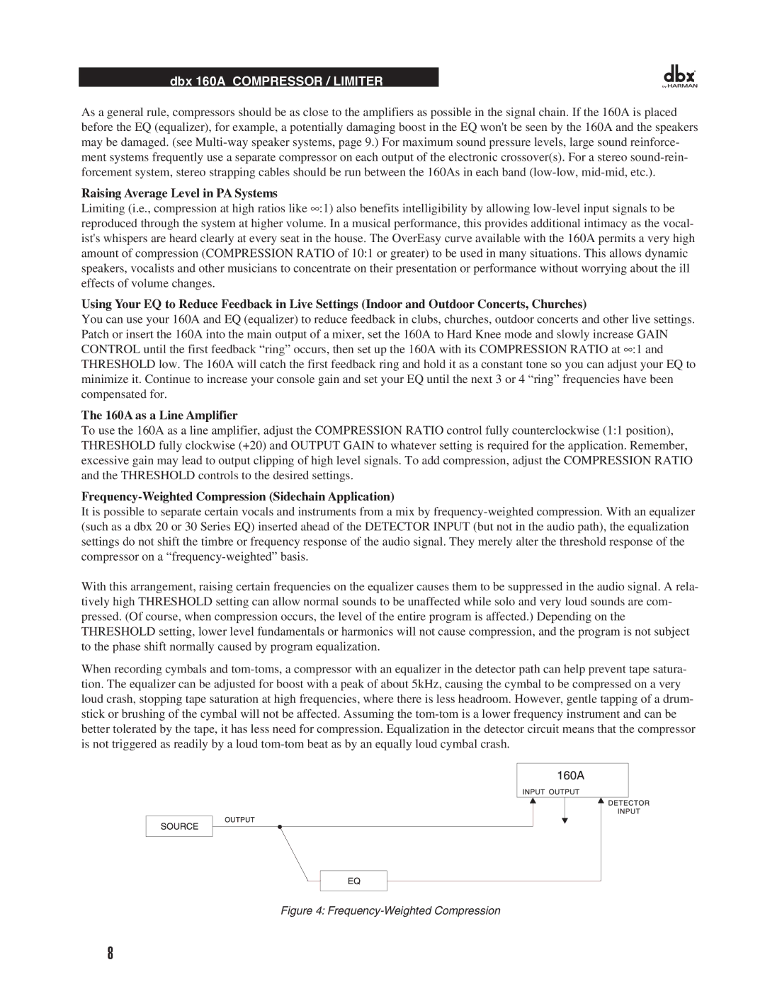 Harman manual Raising Average Level in PA Systems, 160A as a Line Amplifier 