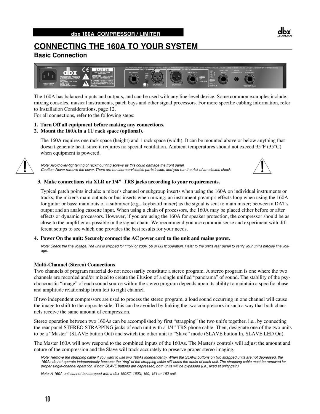 Harman manual Connecting the 160A to Your System, Basic Connection 