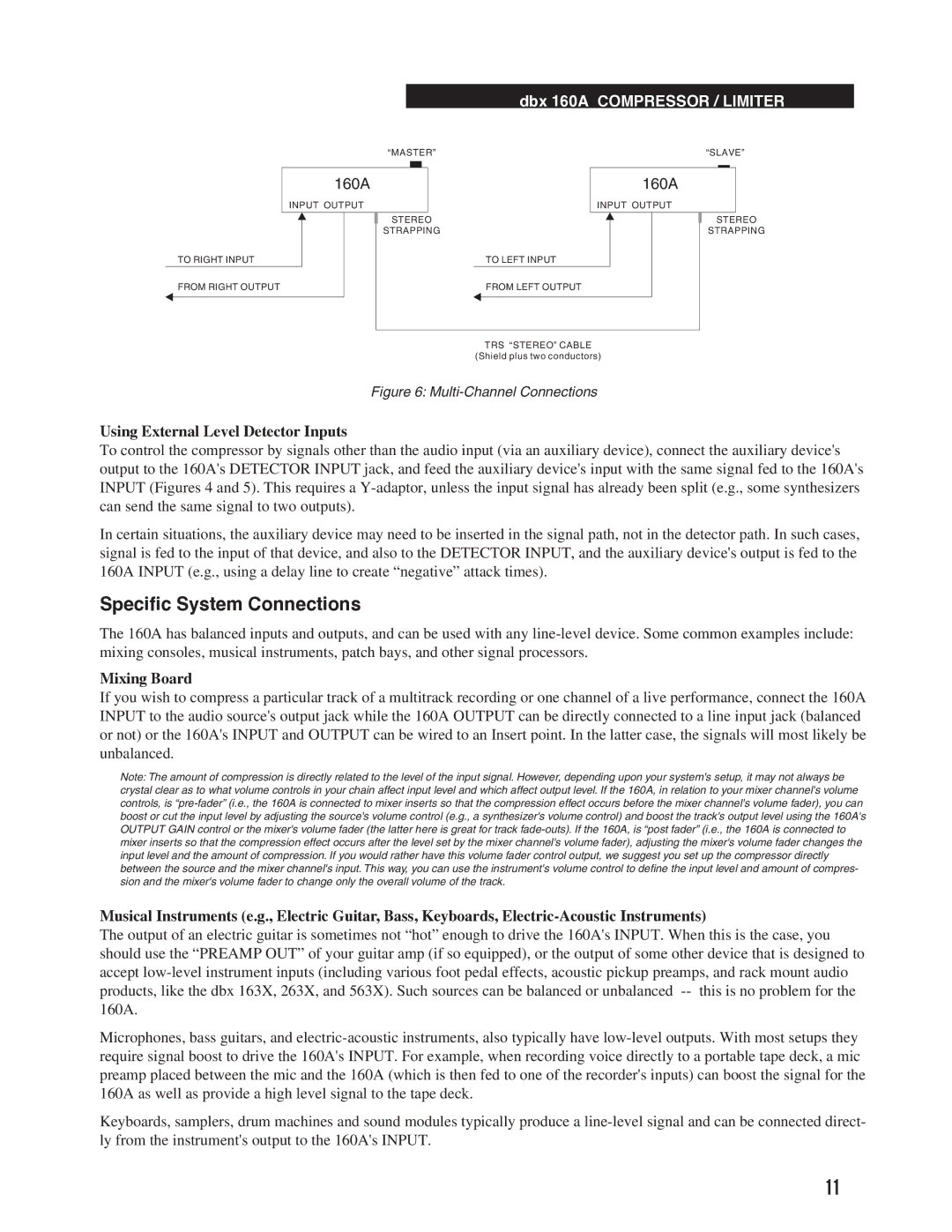 Harman 160A manual Specific System Connections, Using External Level Detector Inputs, Mixing Board 