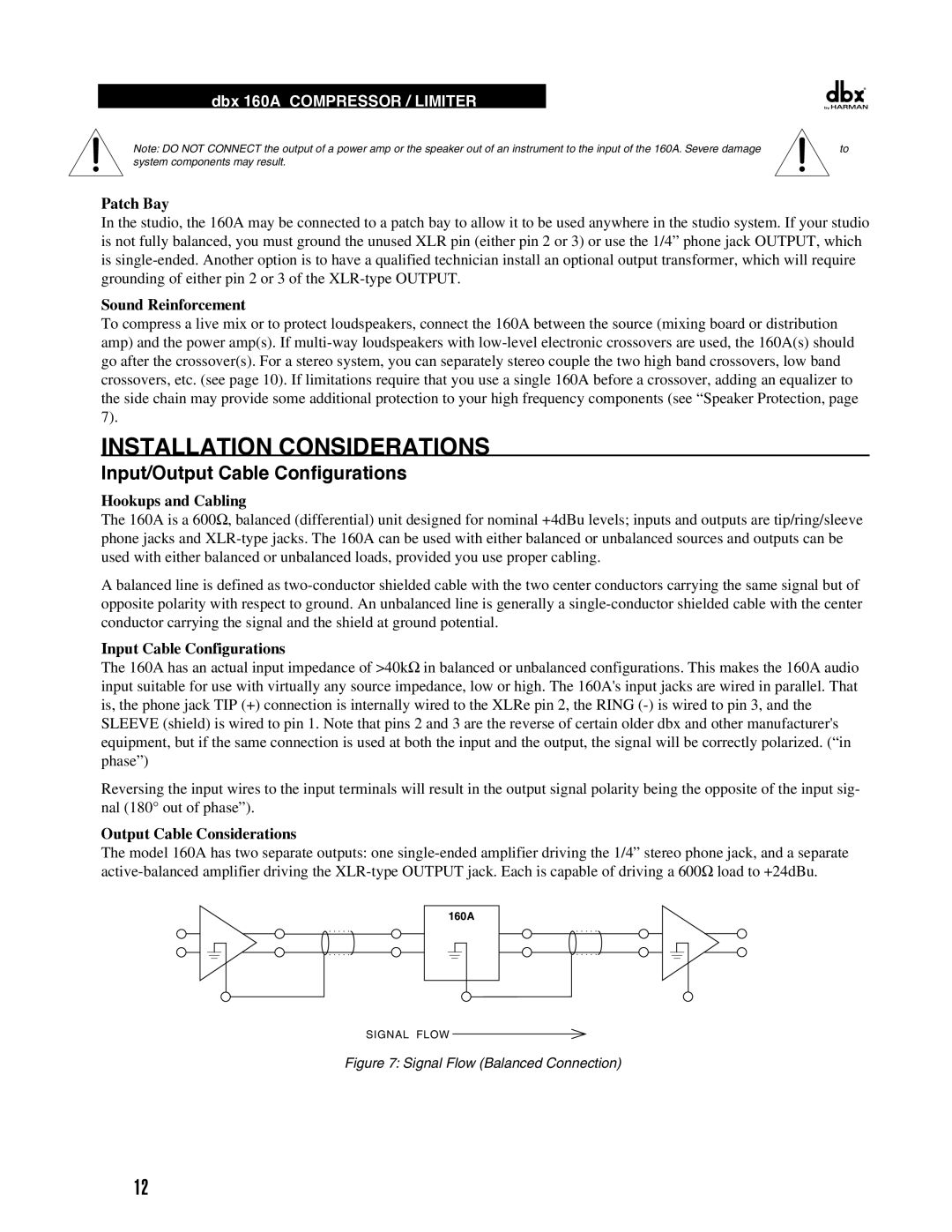 Harman 160A manual Installation Considerations, Input/Output Cable Configurations 