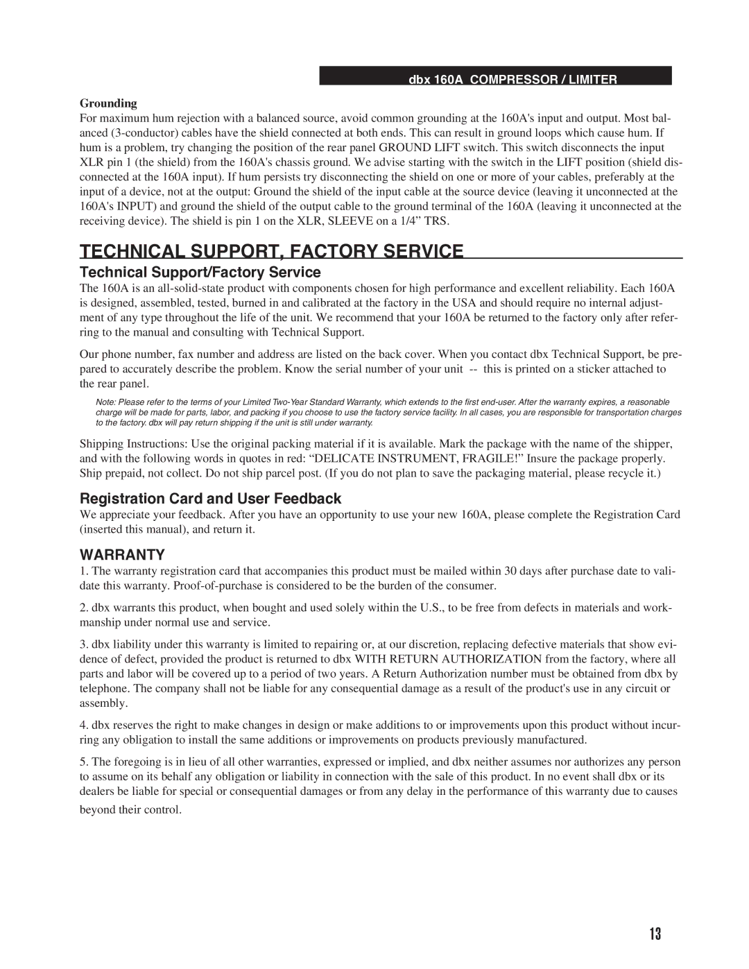 Harman 160A Technical SUPPORT, Factory Service, Technical Support/Factory Service, Registration Card and User Feedback 