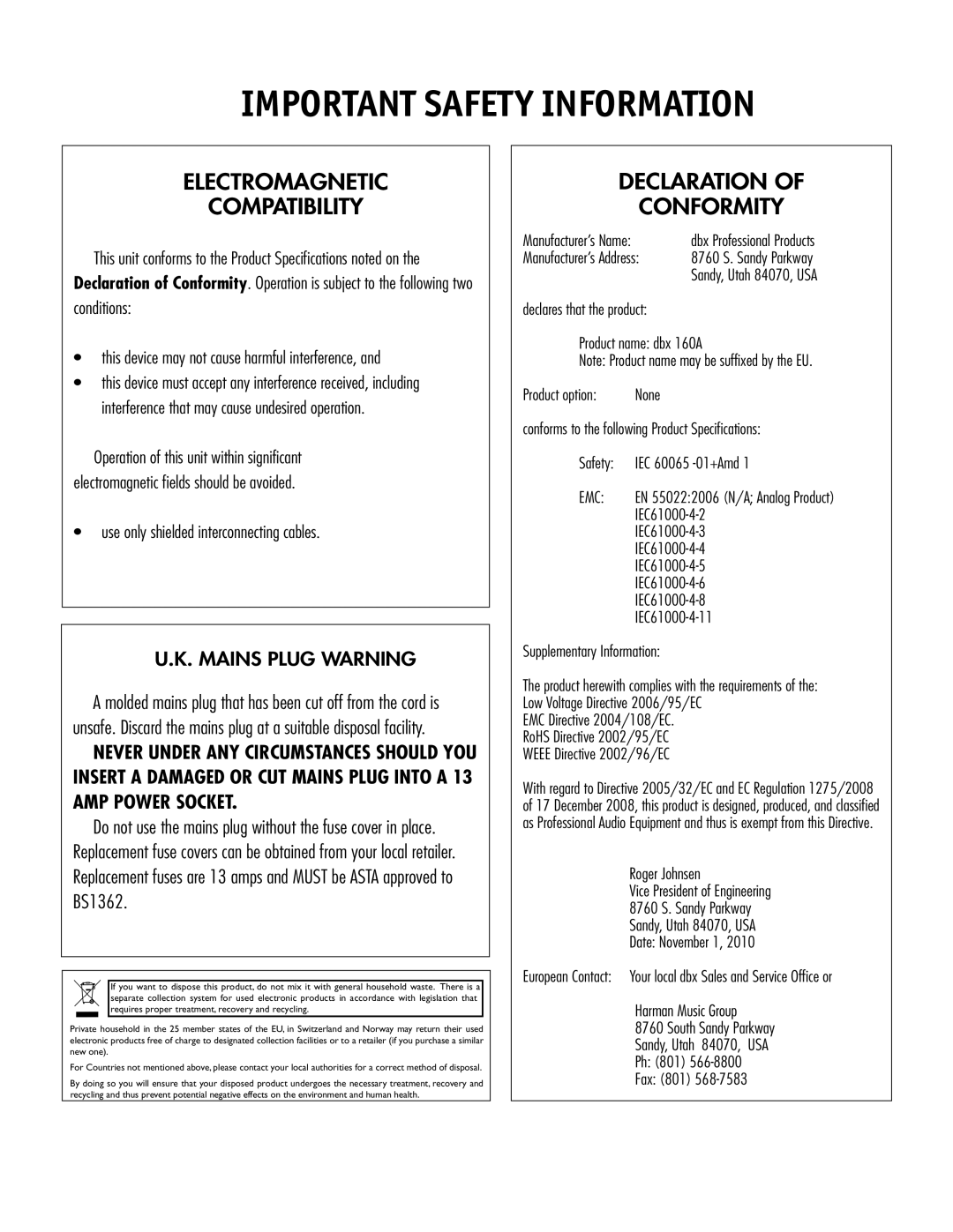 Harman 160A manual Electromagnetic Compatibility 