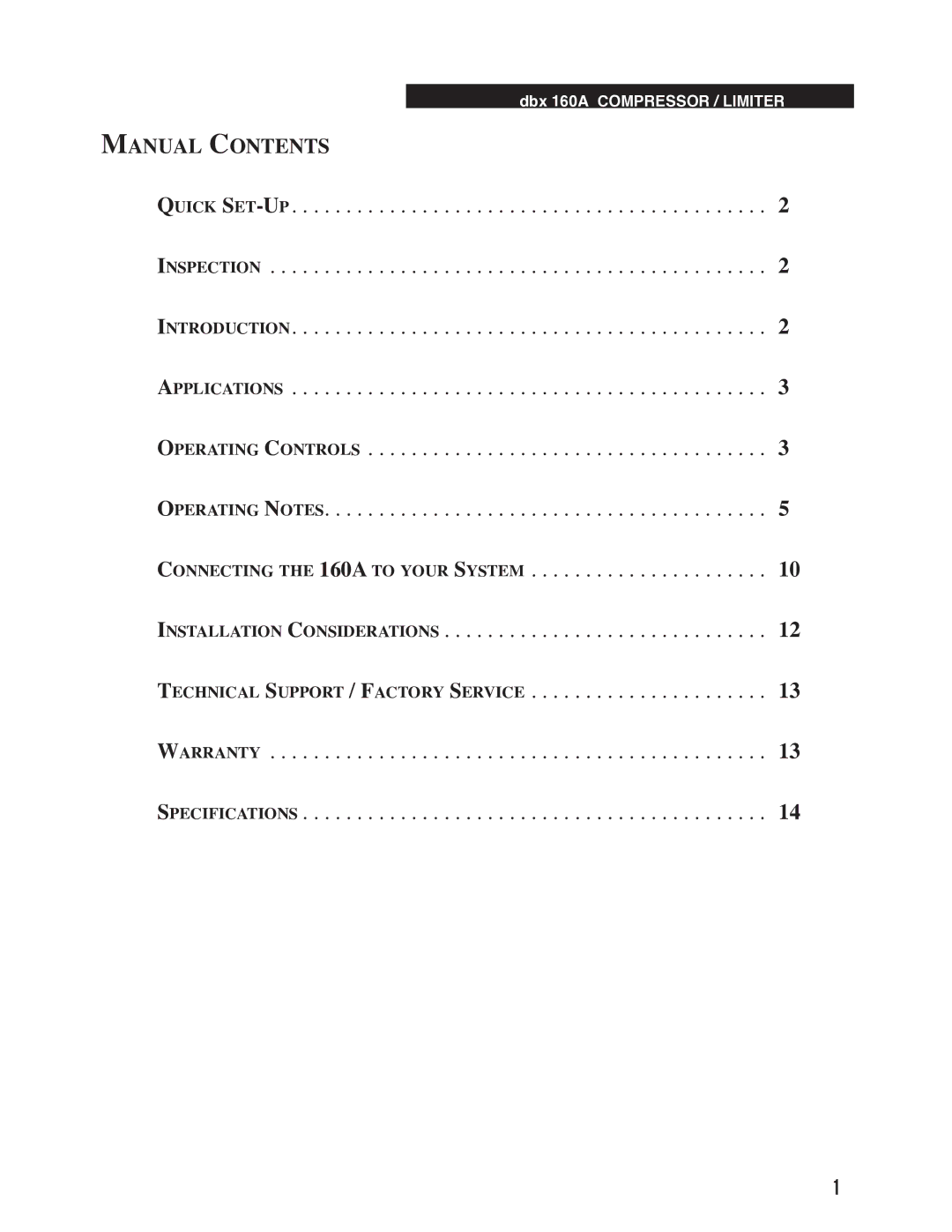 Harman 160A manual Manual Contents 