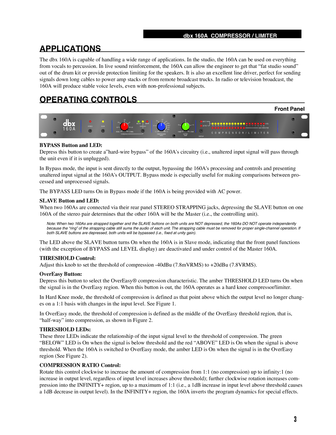 Harman 160A manual Applications, Operating Controls 