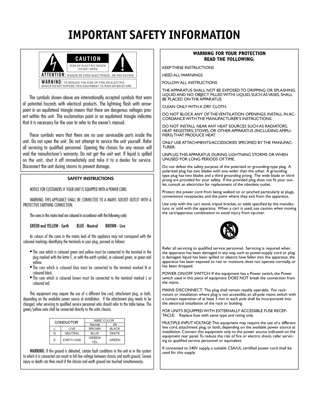 Harman 160A manual Important Safety Information, Warning For Your Protection Read The Following 