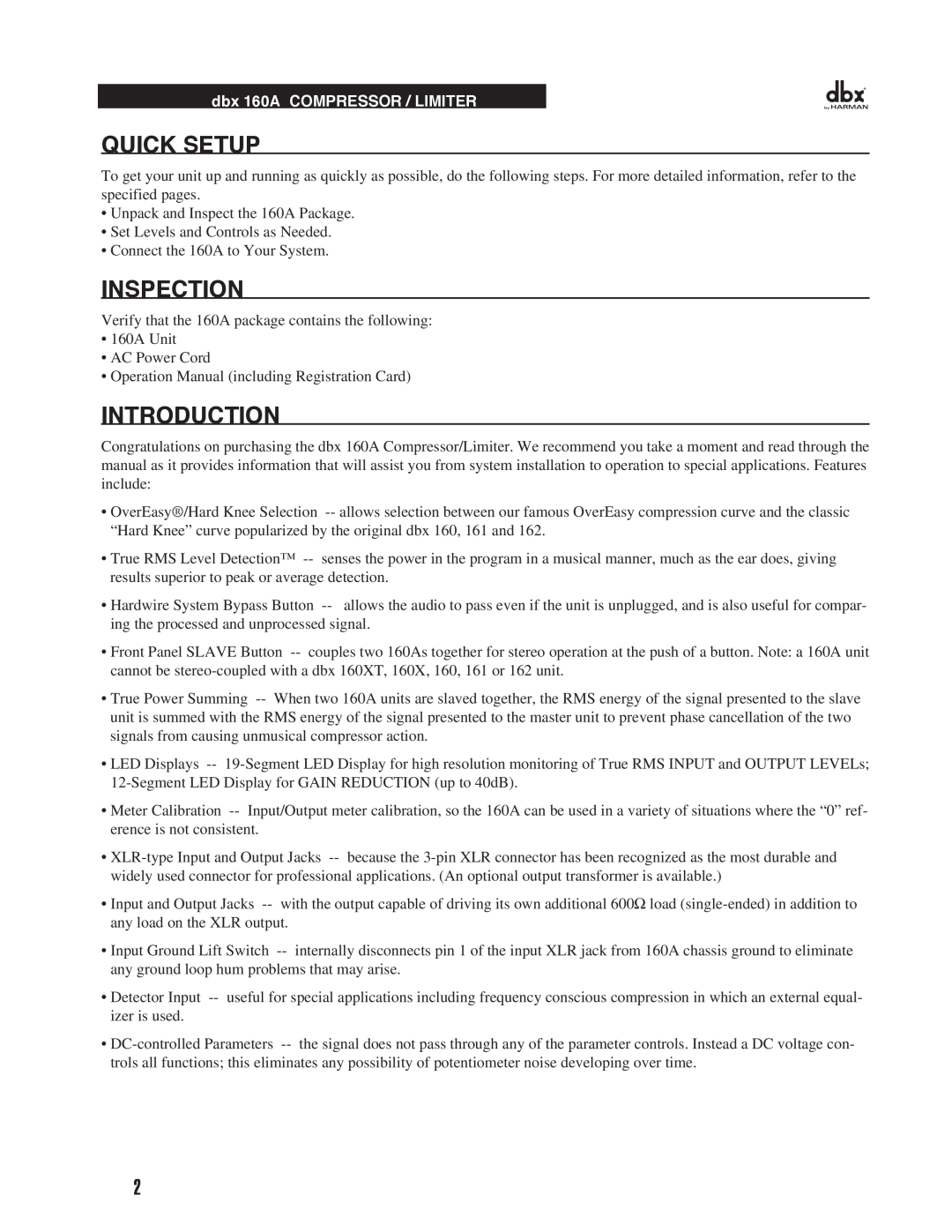 Harman manual Quick Setup, Inspection, Introduction, dbx 160A COMPRESSOR / LIMITER 