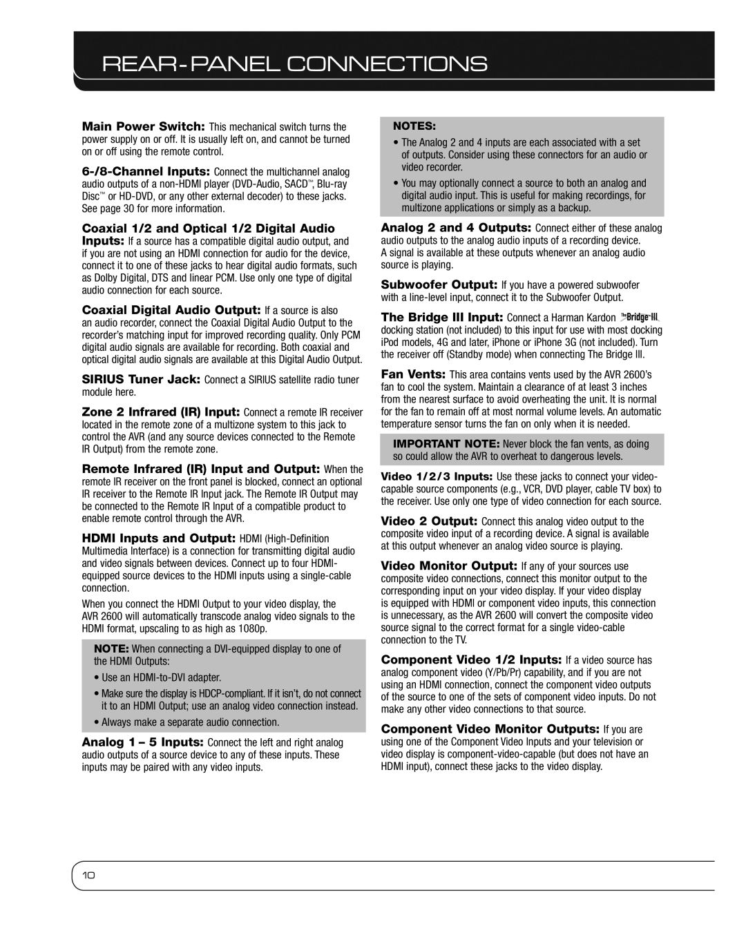 Harman 2600 owner manual REAR-PANEL Connections, Use an HDMI-to-DVI adapter, Always make a separate audio connection 