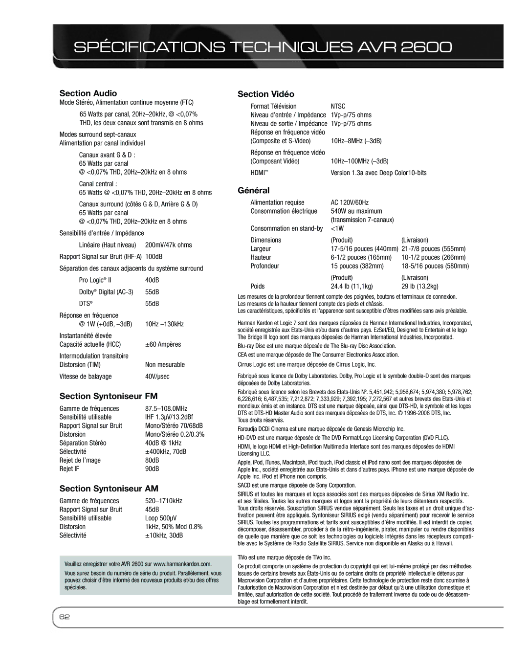 Harman 2600 owner manual Spécifications Techniques AVR, Section Audio 