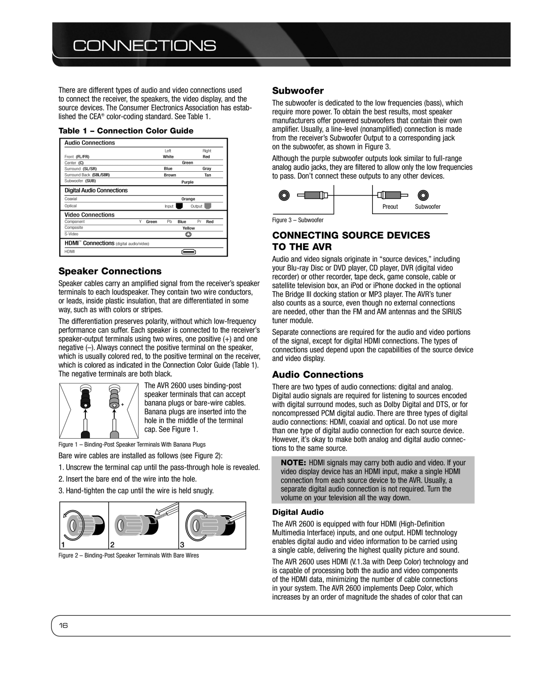 Harman 2600 owner manual Speaker Connections, Subwoofer, Connecting Source Devices to the AVR, Audio Connections 