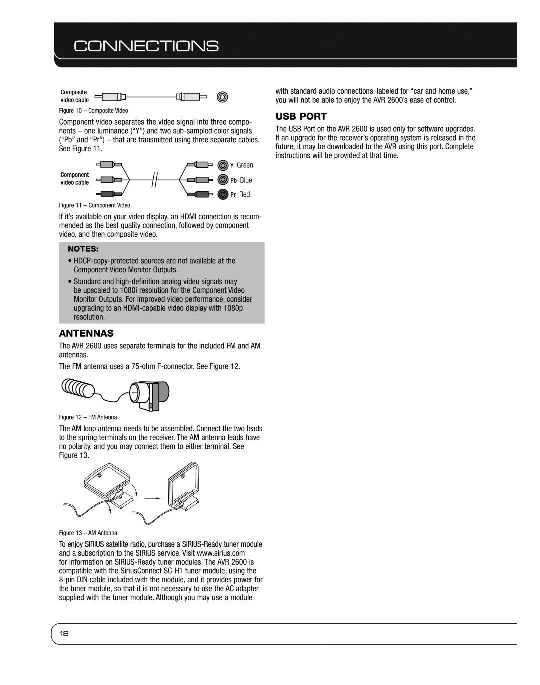 Harman 2600 owner manual Antennas, USB Port, Component Pb Blue Video cable Pr Red 