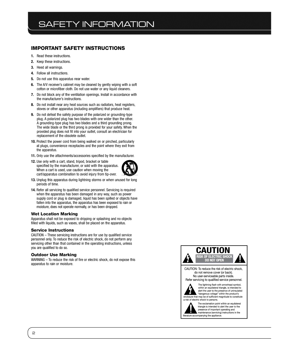 Harman 2600 owner manual Safety Information, Important Safety Instructions, Wet Location Marking 