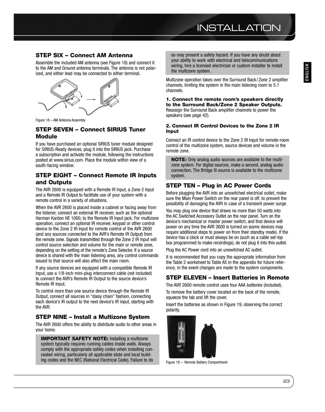 Harman 2600 owner manual Step SIX Connect AM Antenna, Step Nine Install a Multizone System, Step TEN Plug in AC Power Cords 