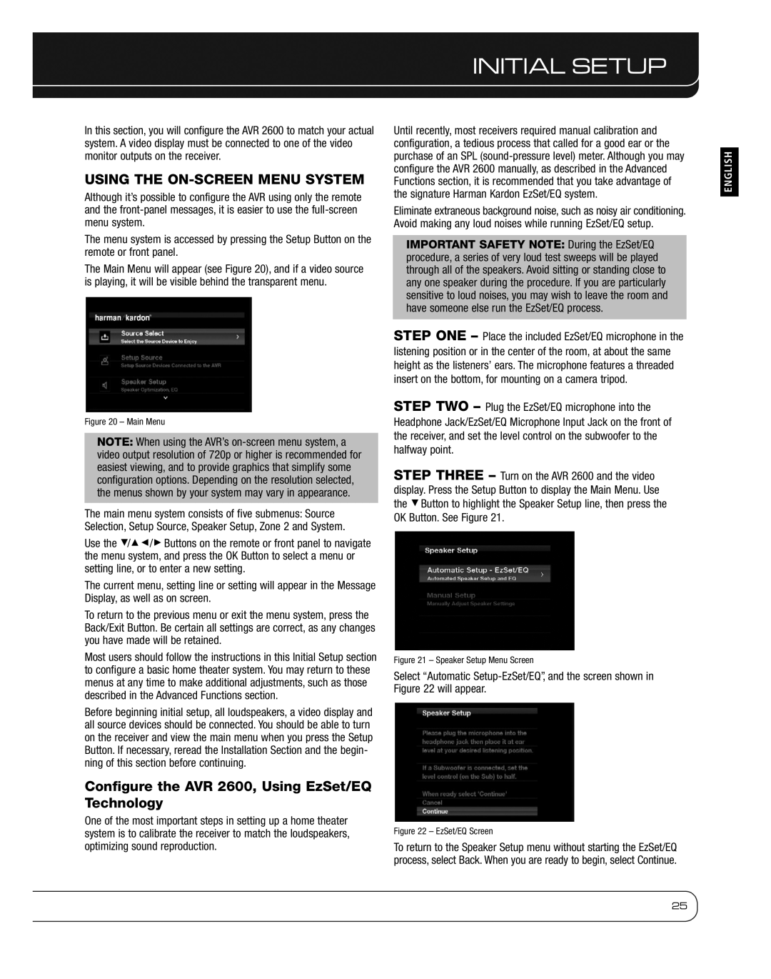 Harman owner manual Initial Setup, Using the ON-SCREEN Menu System, Configure the AVR 2600, Using EzSet/EQ Technology 