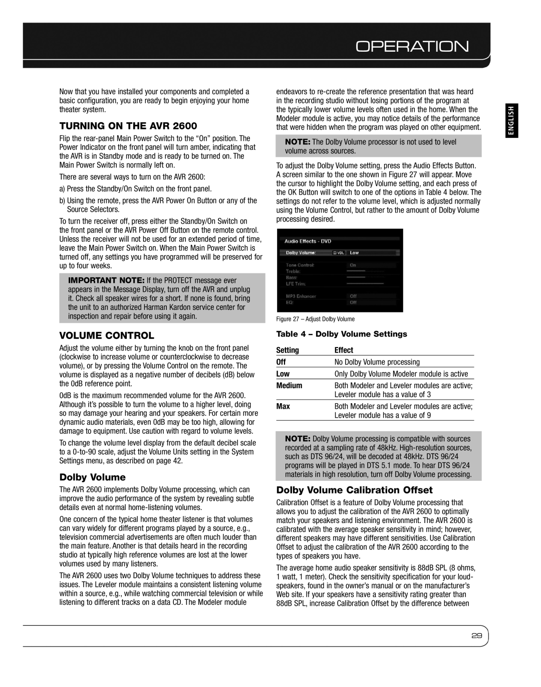 Harman 2600 owner manual Operation, Turning on the AVR, Volume Control, Dolby Volume Calibration Offset 