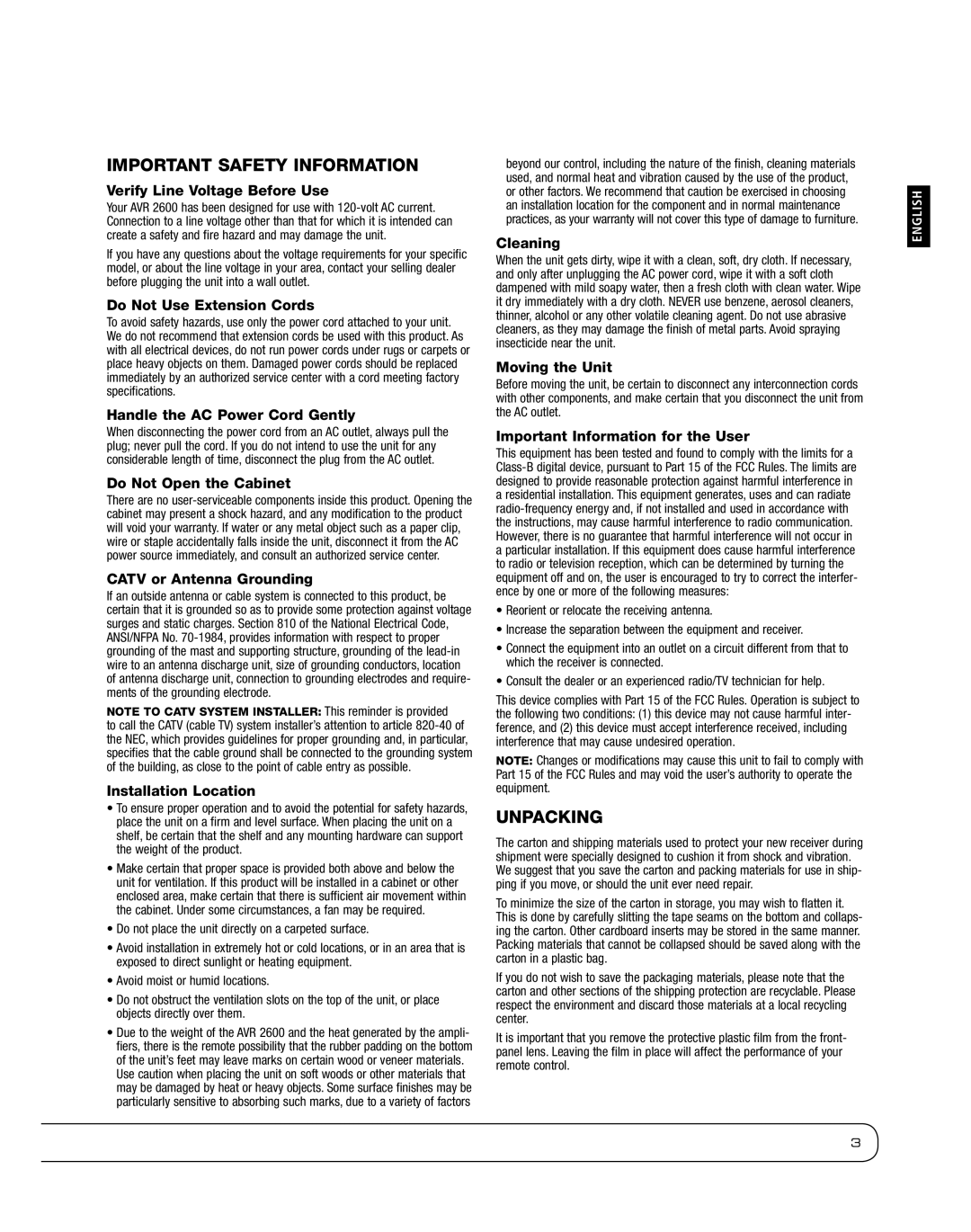 Harman 2600 owner manual Important Safety Information, Unpacking 