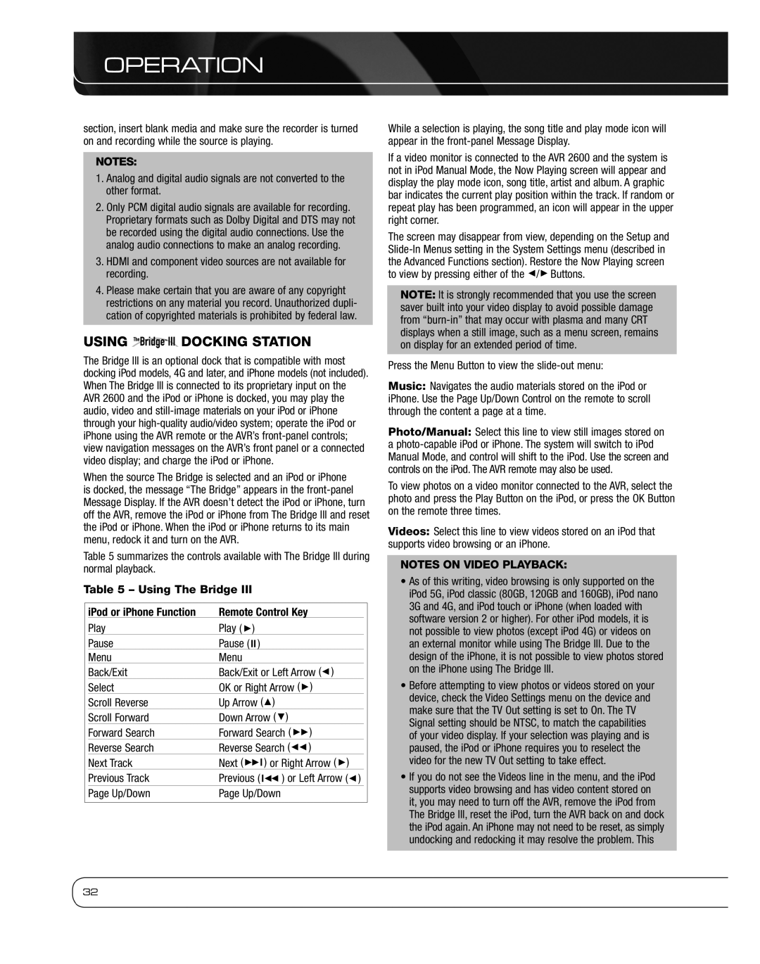 Harman 2600 owner manual Using Docking Station, Using The Bridge, Remote Control Key, Previous Track 