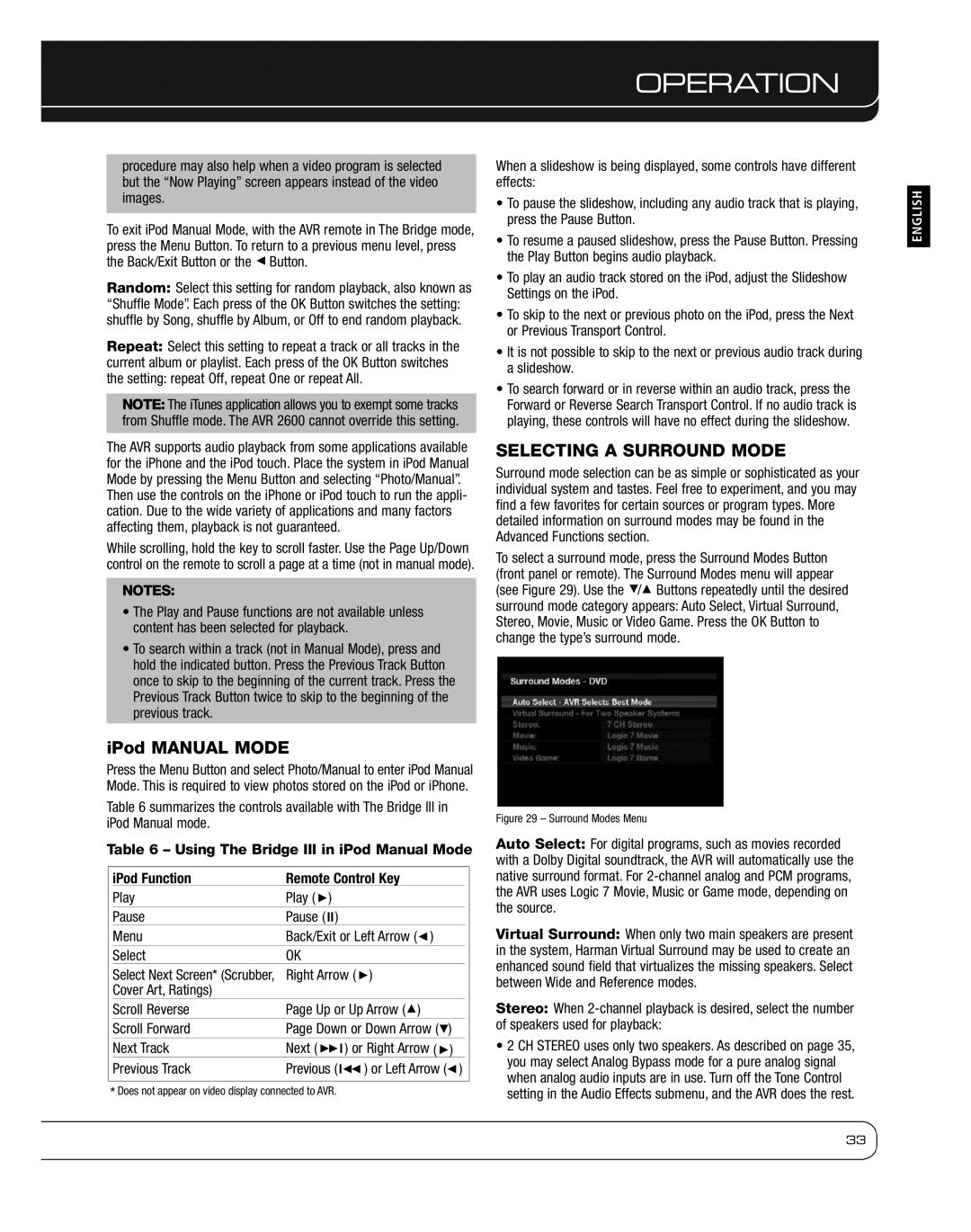 Harman 2600 IPod Manual Mode, Selecting a Surround Mode, Play Pause Menu Back/Exit or Left Arrow Select, Right Arrow 