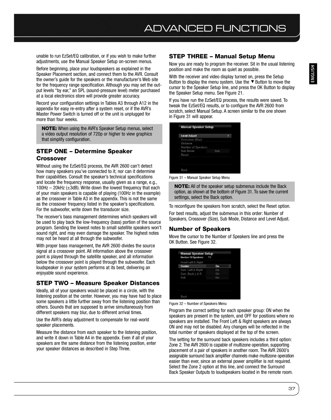 Harman 2600 Step ONE Determine Speaker Crossover, Step TWO Measure Speaker Distances, Step Three Manual Setup Menu 