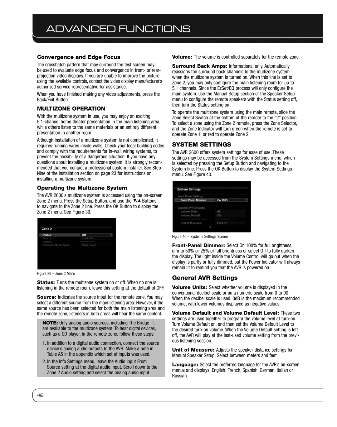 Harman 2600 owner manual System Settings, General AVR Settings, Convergence and Edge Focus, Operating the Multizone System 