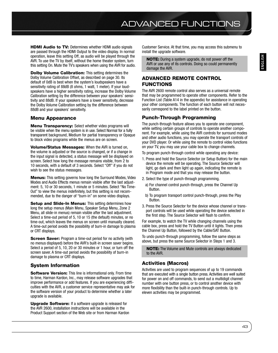 Harman 2600 owner manual Advanced Remote Control Functions, Menu Appearance, System Information, Punch-Through Programming 