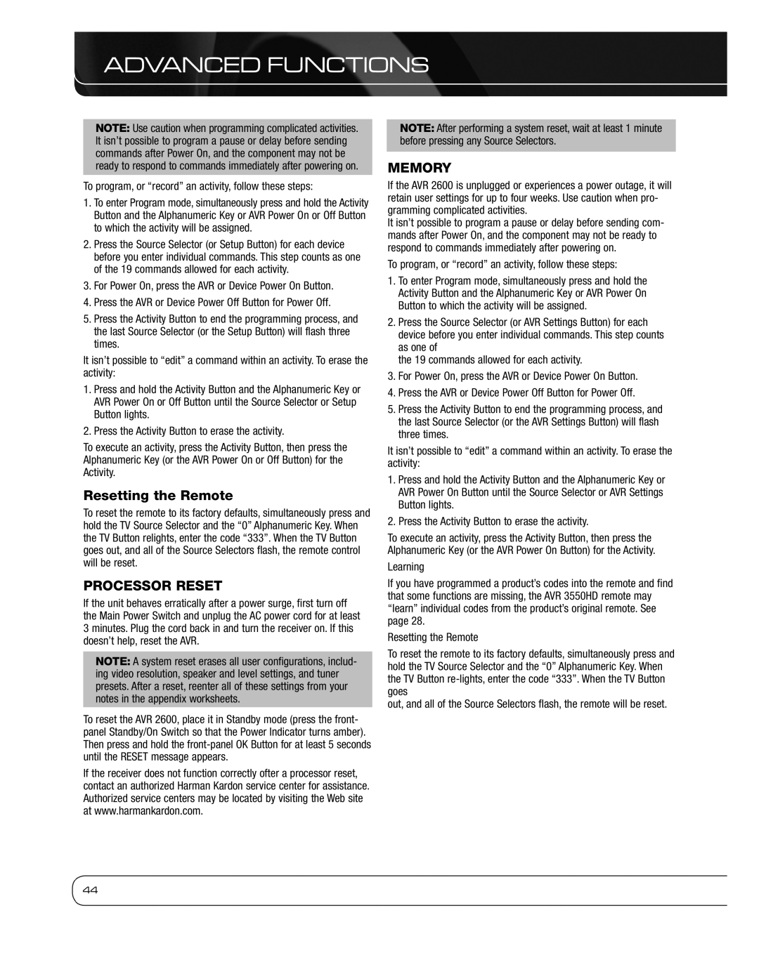 Harman 2600 Resetting the Remote, Processor Reset, Memory, To program, or record an activity, follow these steps 