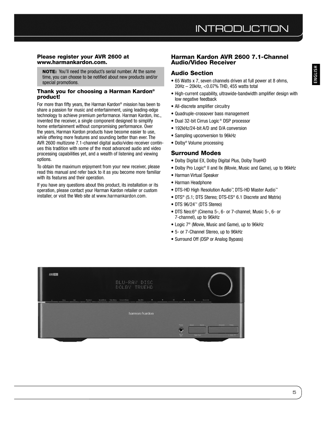 Harman 2600 owner manual Introduction, Surround Modes, Dolby Digital EX, Dolby Digital Plus, Dolby TrueHD 