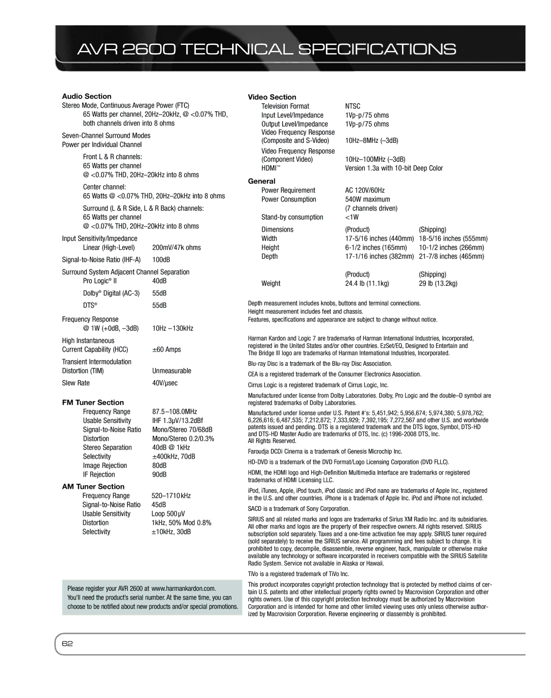 Harman owner manual AVR 2600 Technical Specifications, Audio Section 