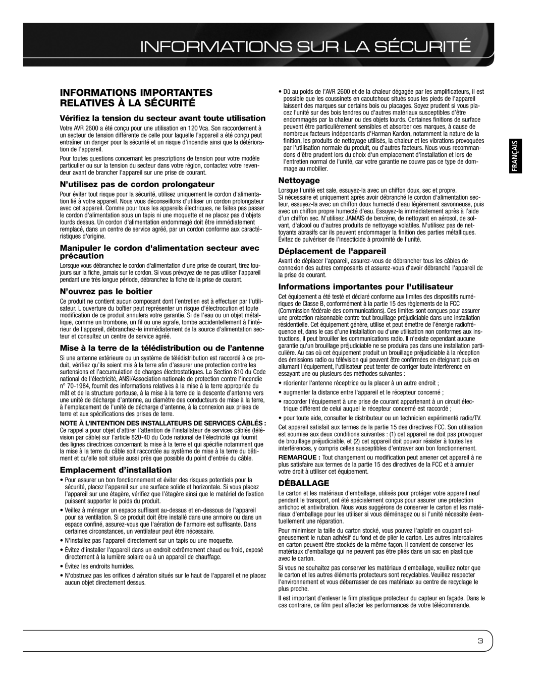 Harman 2600 owner manual Informations Importantes Relatives À LA Sécurité 