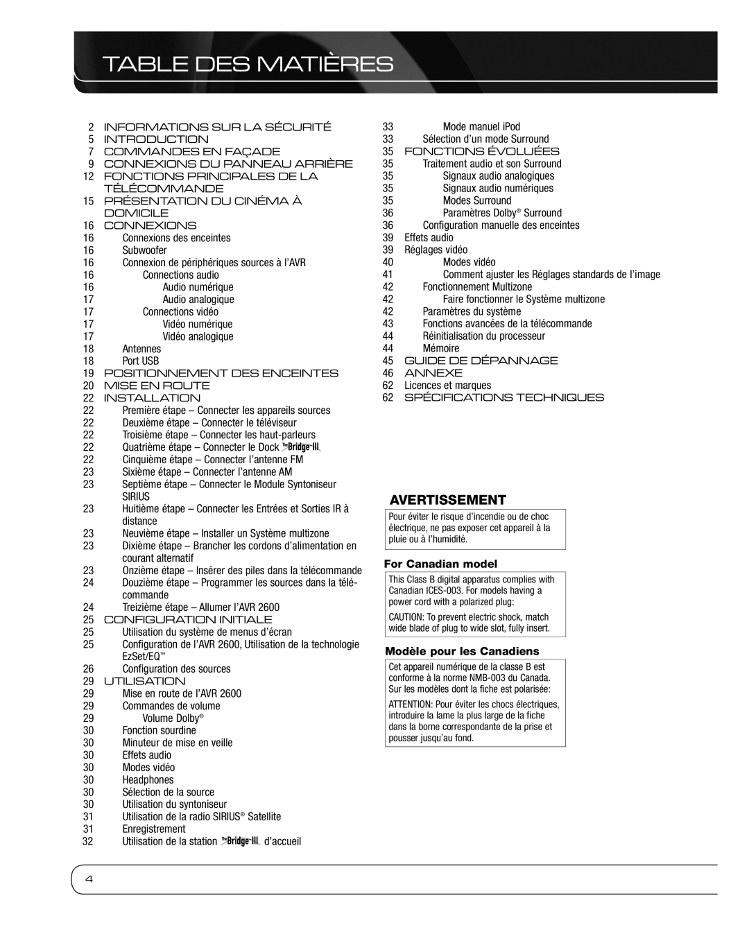 Harman 2600 owner manual Table DES Matières, Avertissement, Modèle pour les Canadiens 