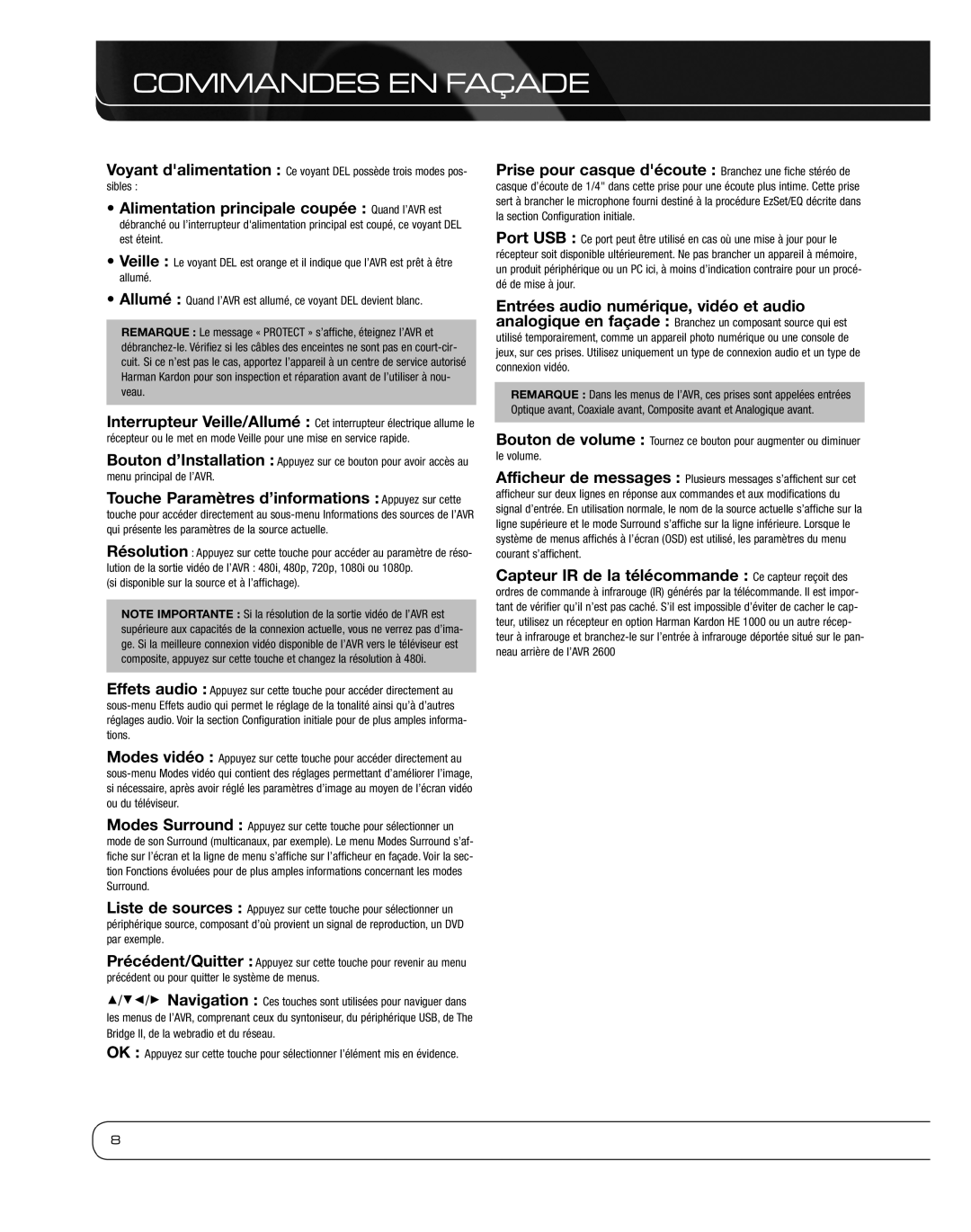 Harman 2600 owner manual Commandes EN Façade 