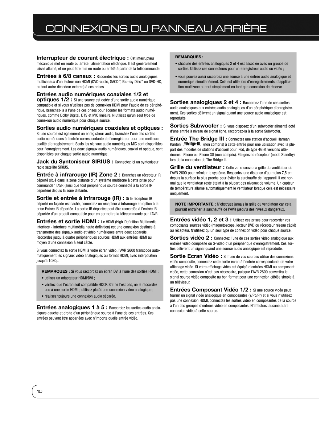 Harman 2600 owner manual Interrupteur de courant électrique Cet interrupteur, Entrées audio numériques coaxiales 1/2 et 