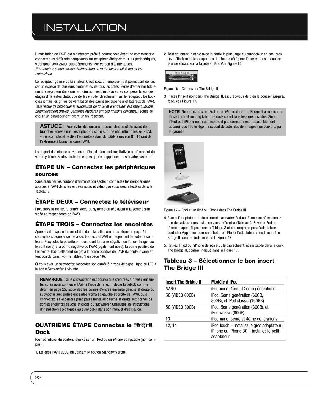 Harman 2600 owner manual Étape UN Connectez les périphériques sources, Étape Deux Connectez le téléviseur 