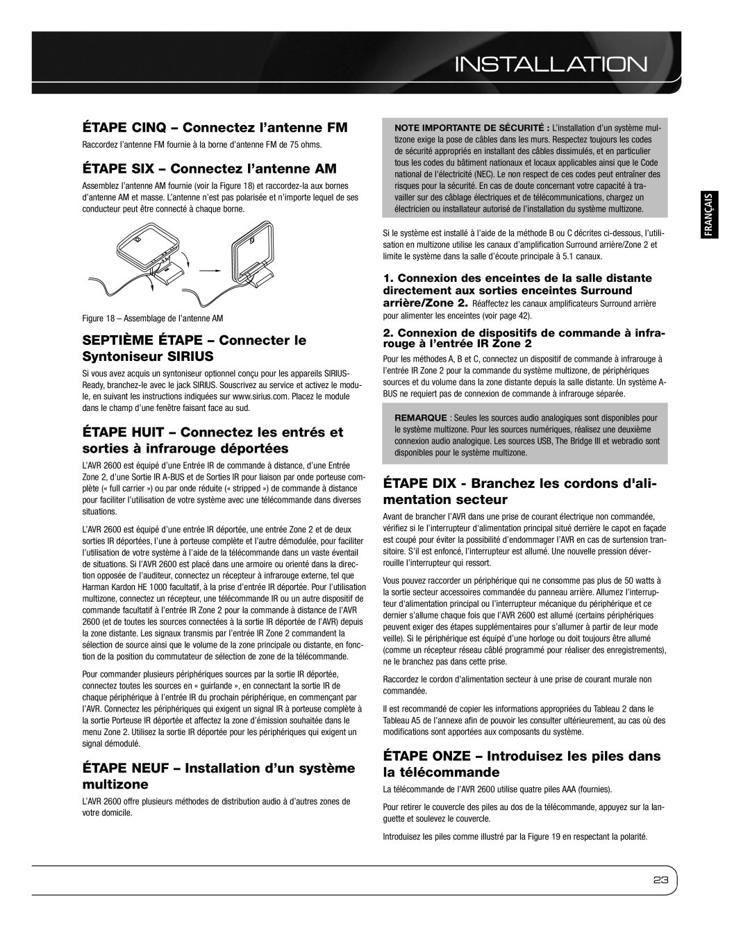 Harman 2600 owner manual Étape Cinq Connectez l’antenne FM, Étape SIX Connectez l’antenne AM 