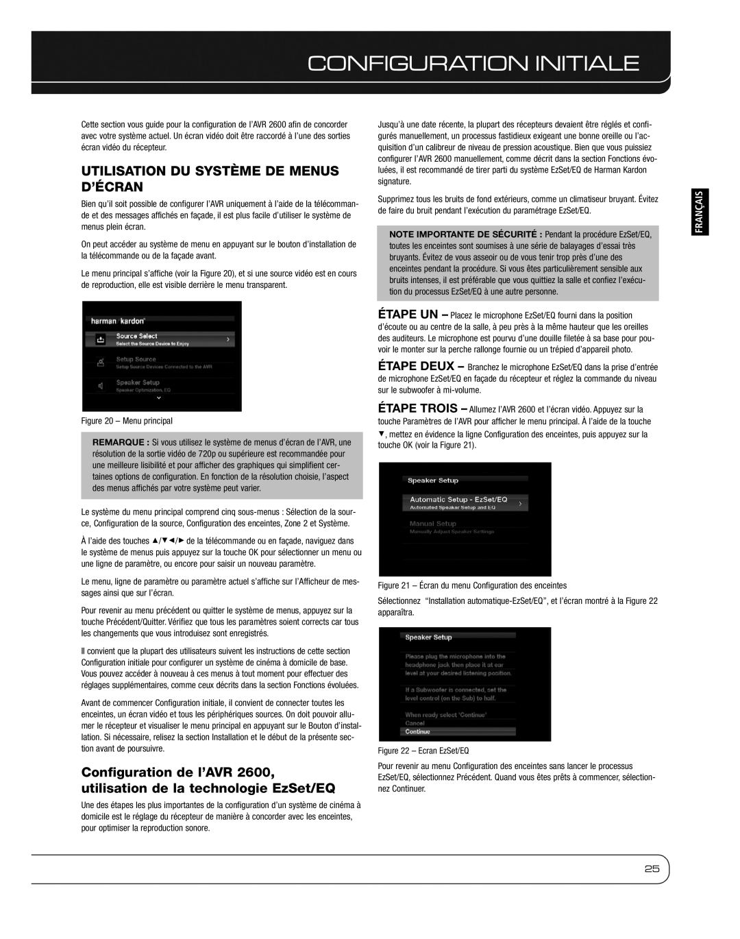 Harman 2600 owner manual Configuration Initiale, Utilisation DU Système DE Menus D’ÉCRAN 