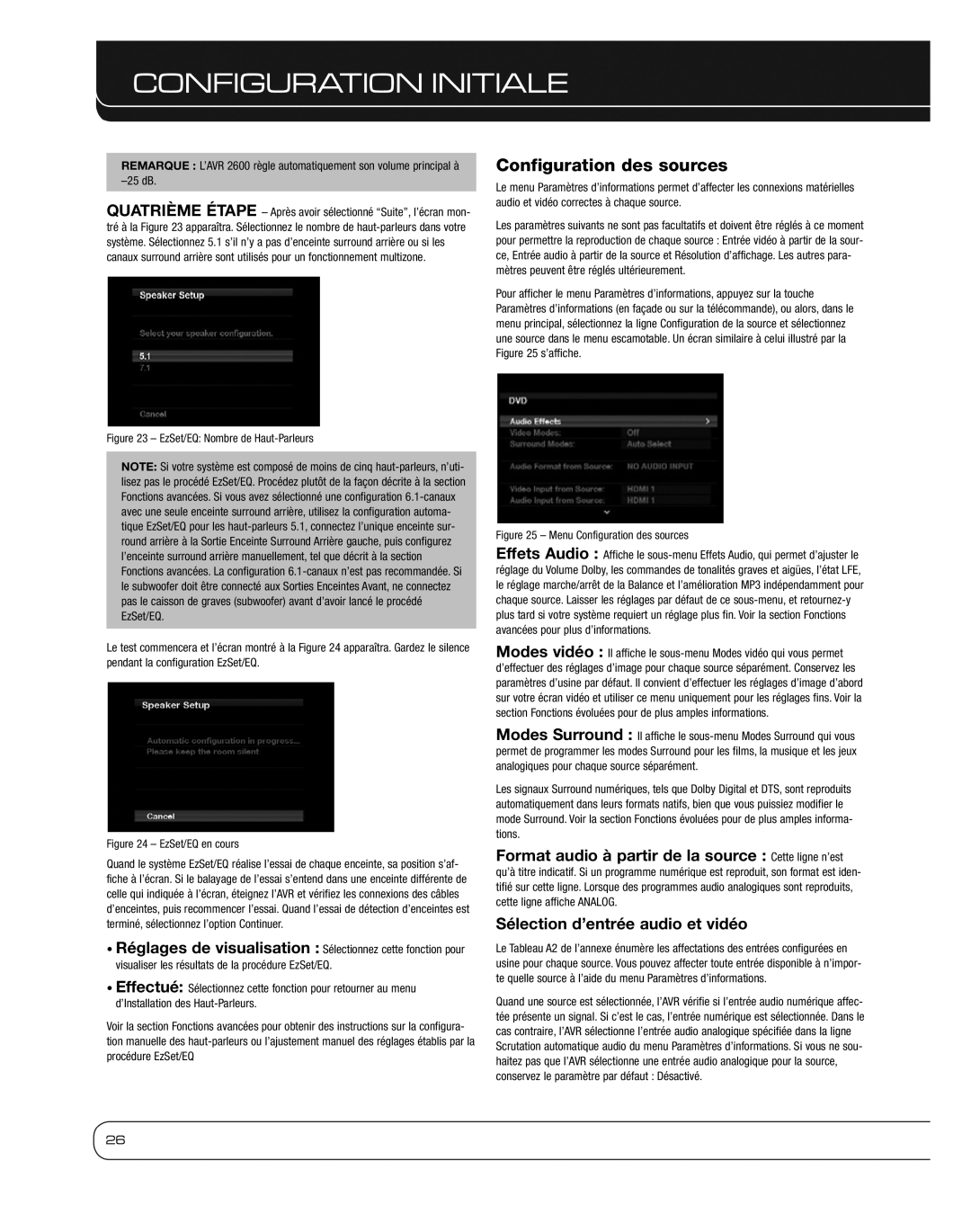 Harman 2600 owner manual Configuration des sources, Format audio à partir de la source Cette ligne n’est 