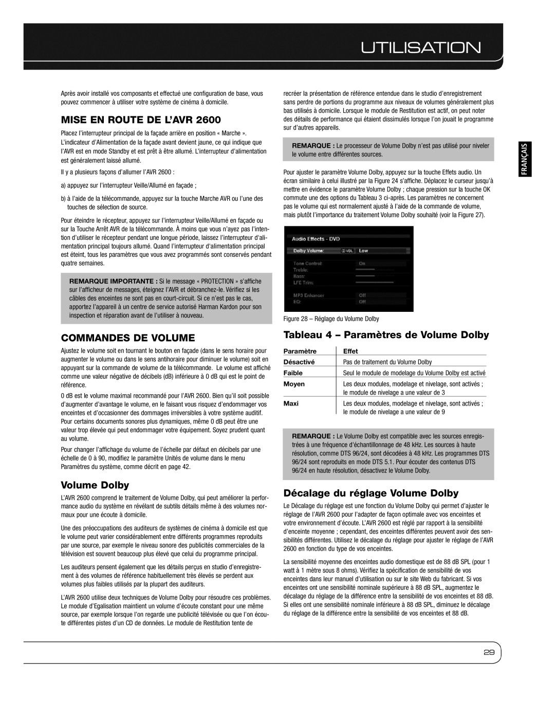 Harman 2600 owner manual Utilisation, Mise EN Route DE L’AVR, Commandes DE Volume 