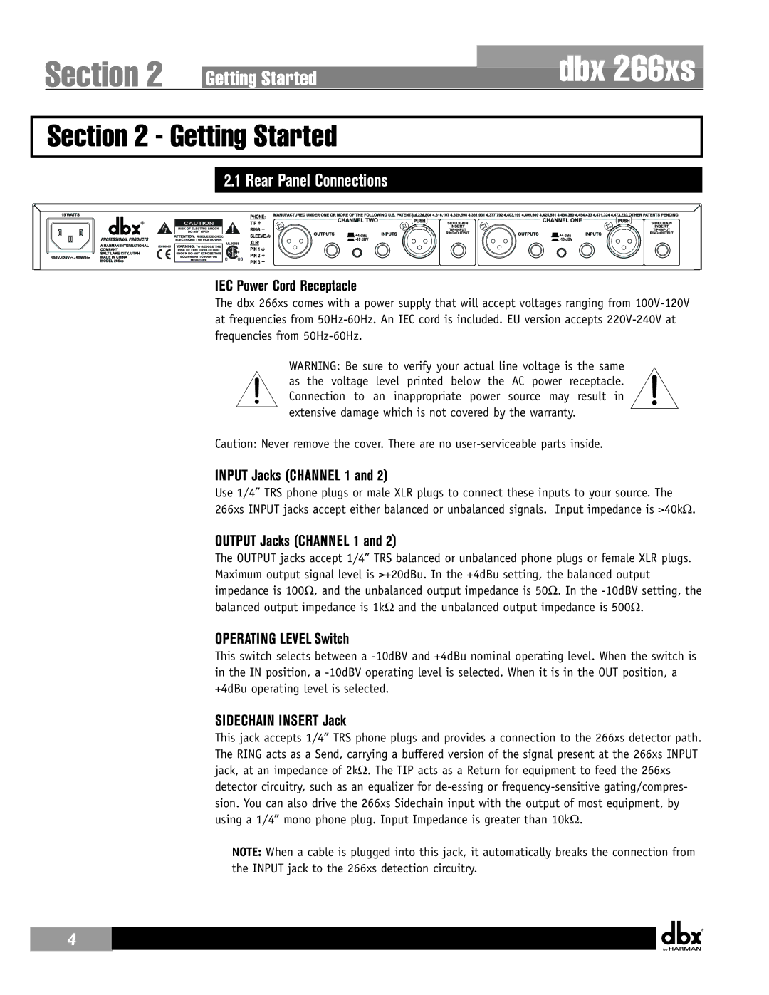 Harman 266xs user manual Getting Started, Rear Panel Connections 